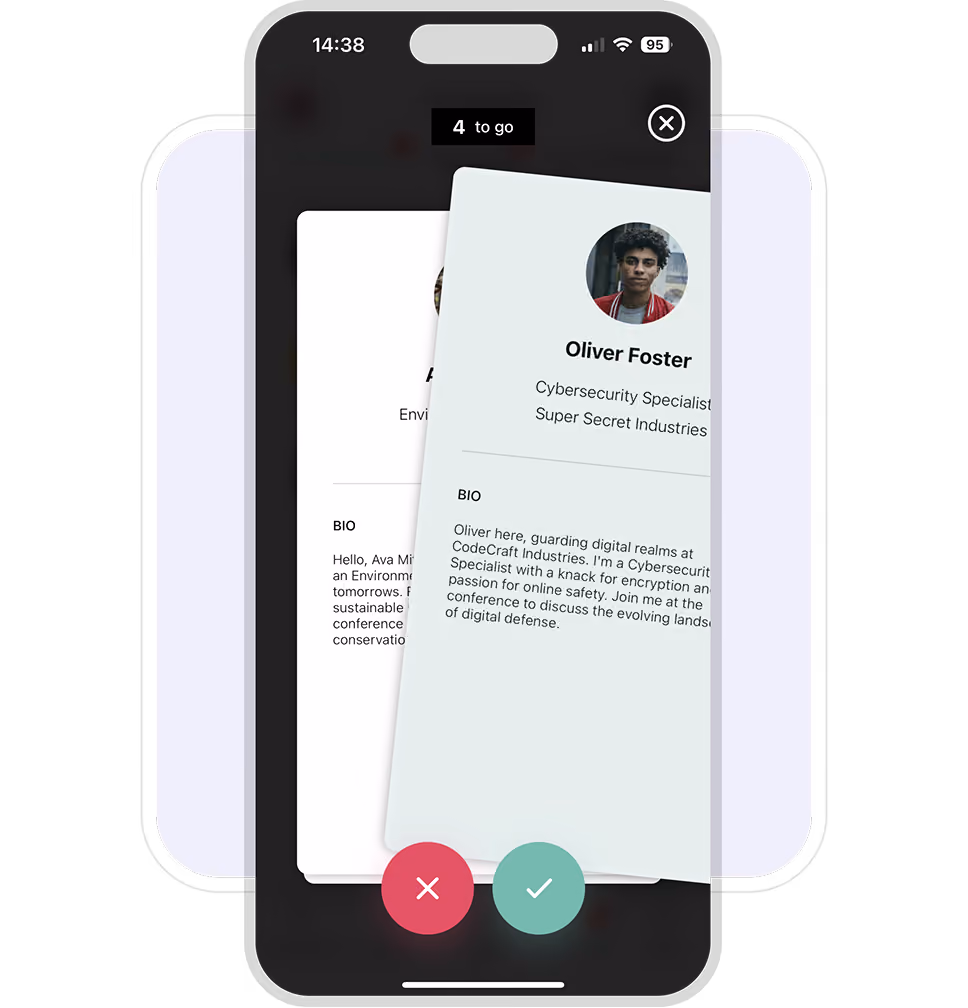 A mobile phone showing Eventee matchmaking networking where attendees swipe to connect with others. 
