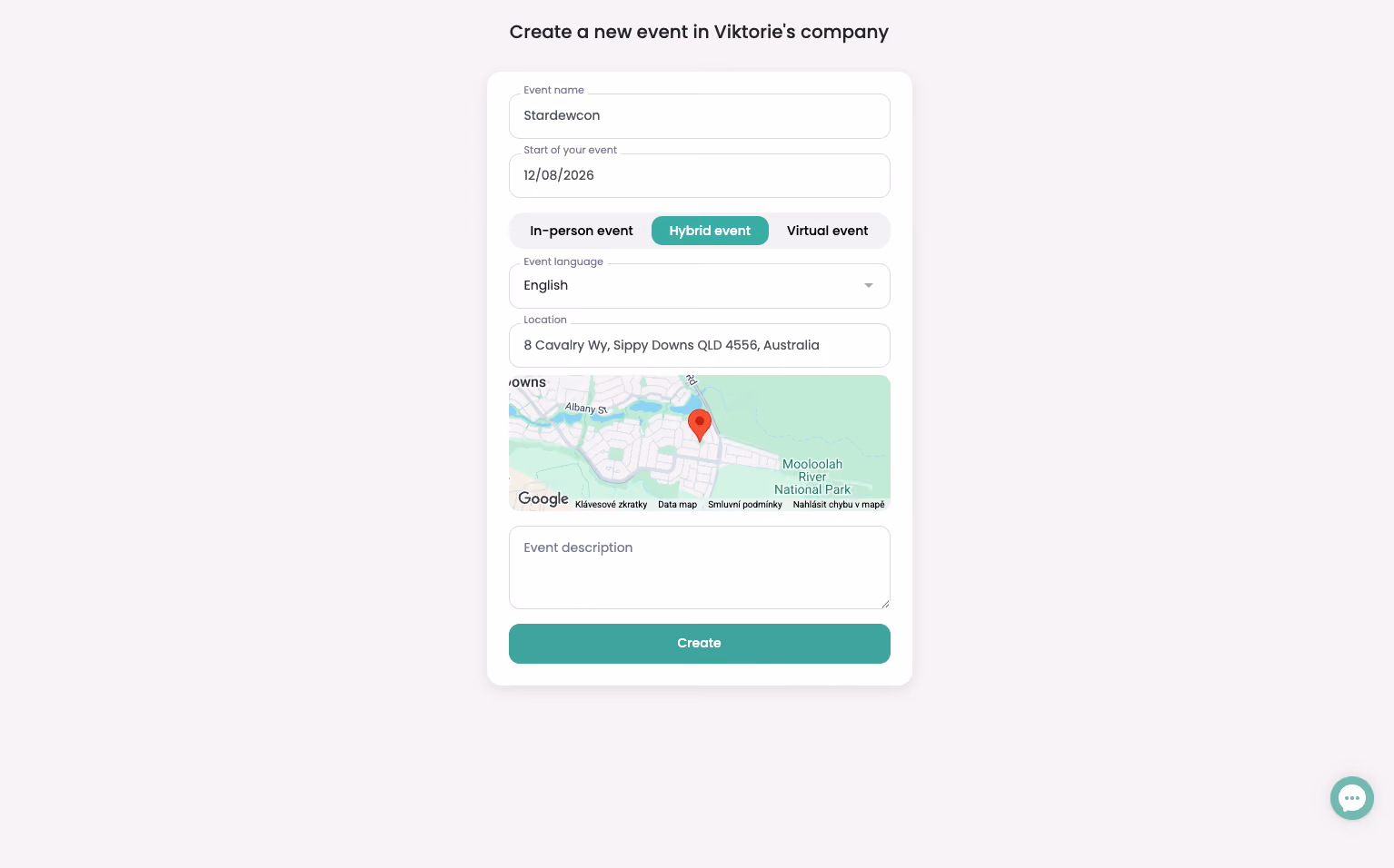 Screenshot of the Eventee setup dashboard where user creates their new event. 