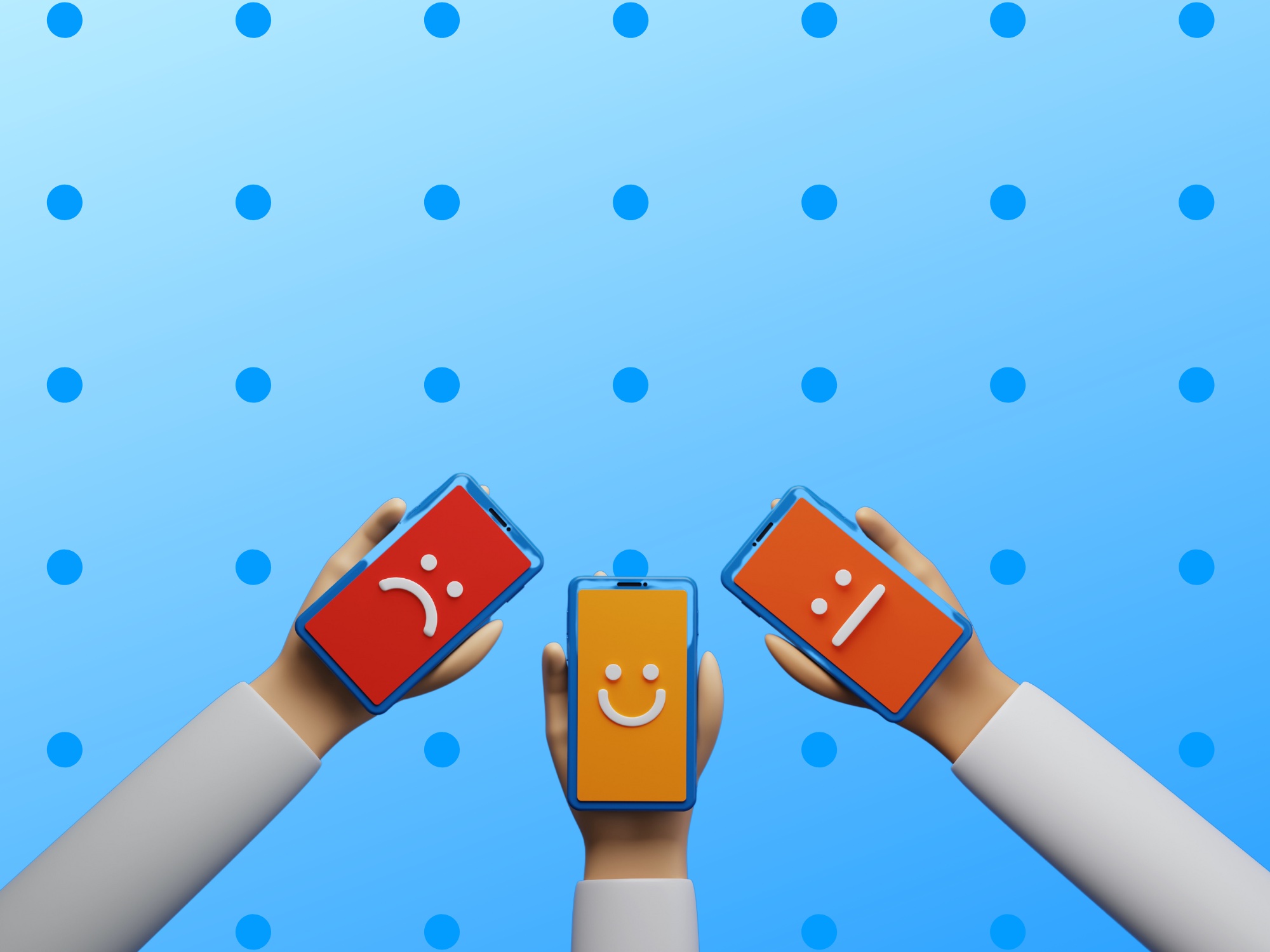 Three phones with frowns against blue background