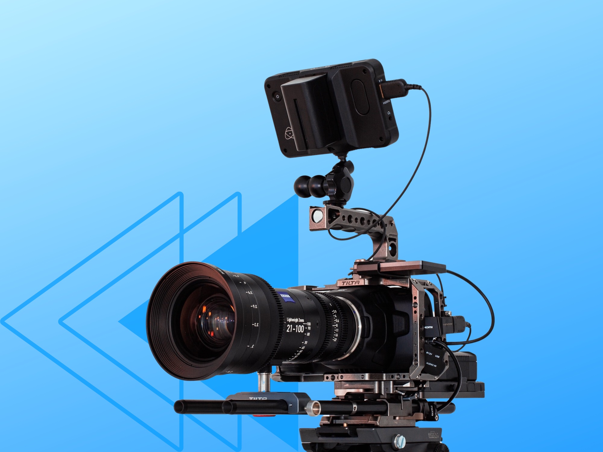 Production quality camera with microphone against blue background