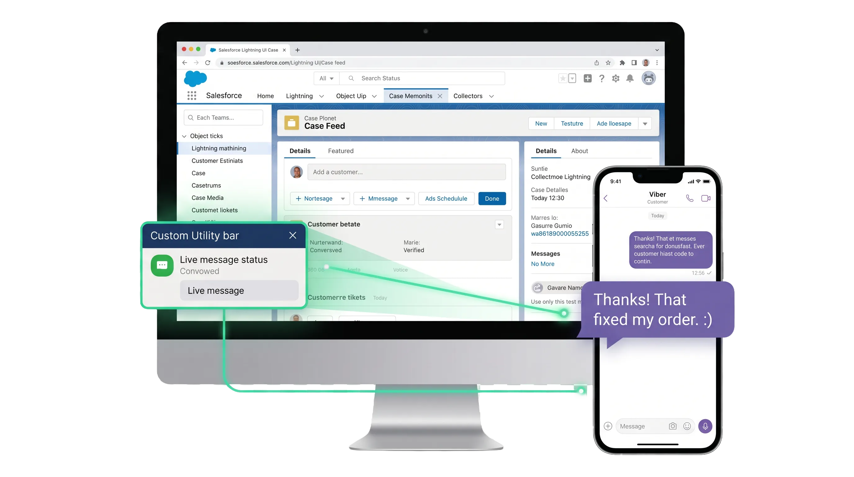 Two-way Viber and SMS customer service messaging inside the Salesforce Case Feed UI.