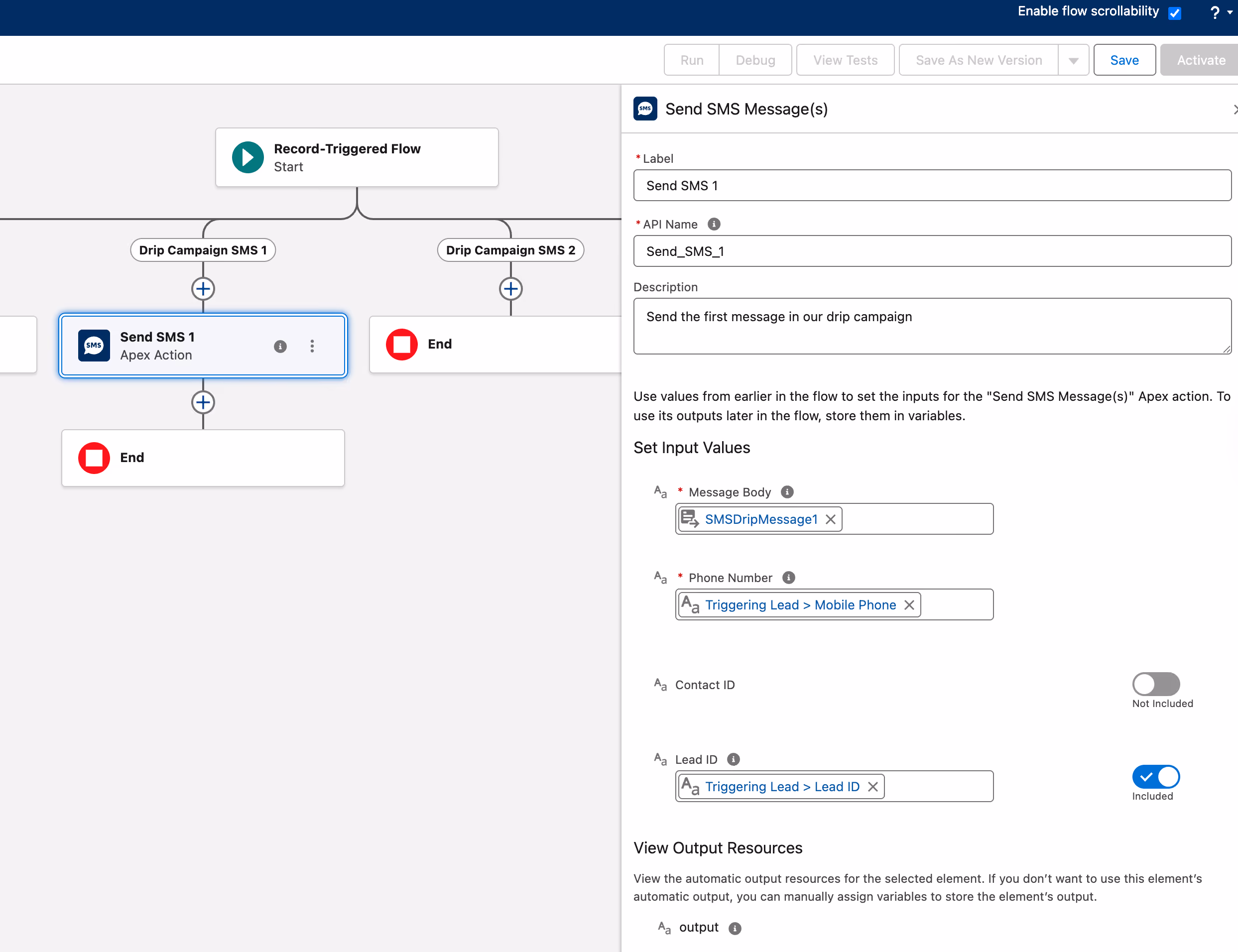 A Salesforce Flow screen showing the configuration for using the Send SMS message invocable action from Messaging Made Easy