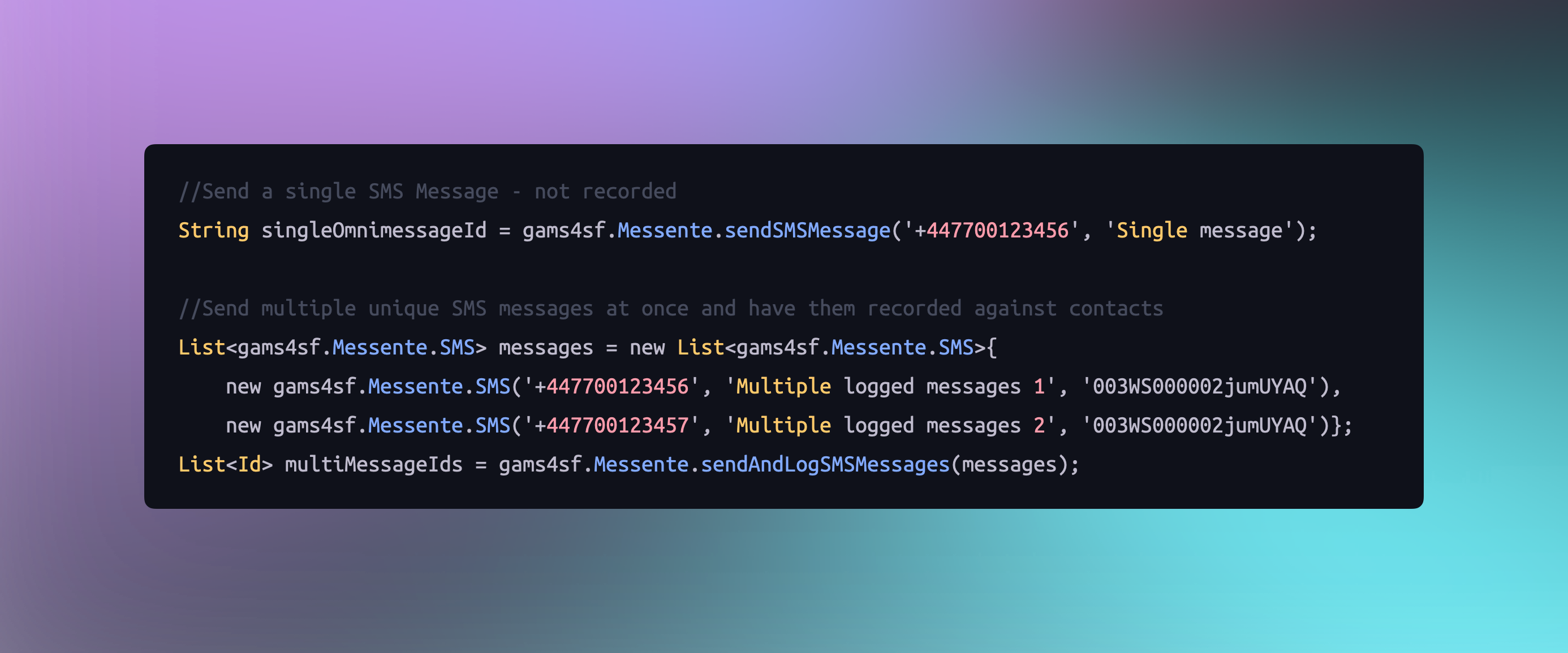 A snippet of code showing sending an SMS message from Salesforce using Apex
