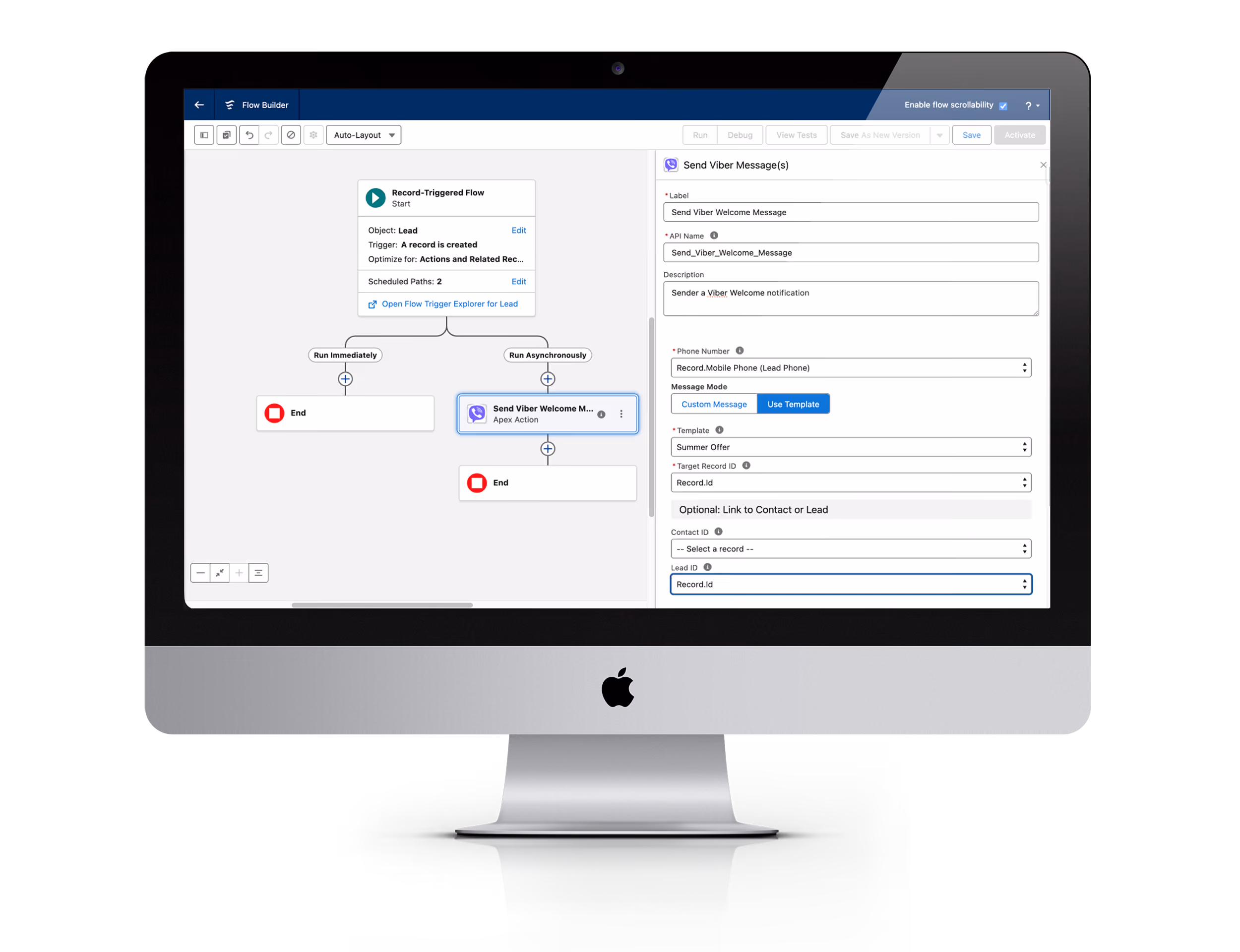 A screen showing a Salesforce Flow being configured to send a Viber message.