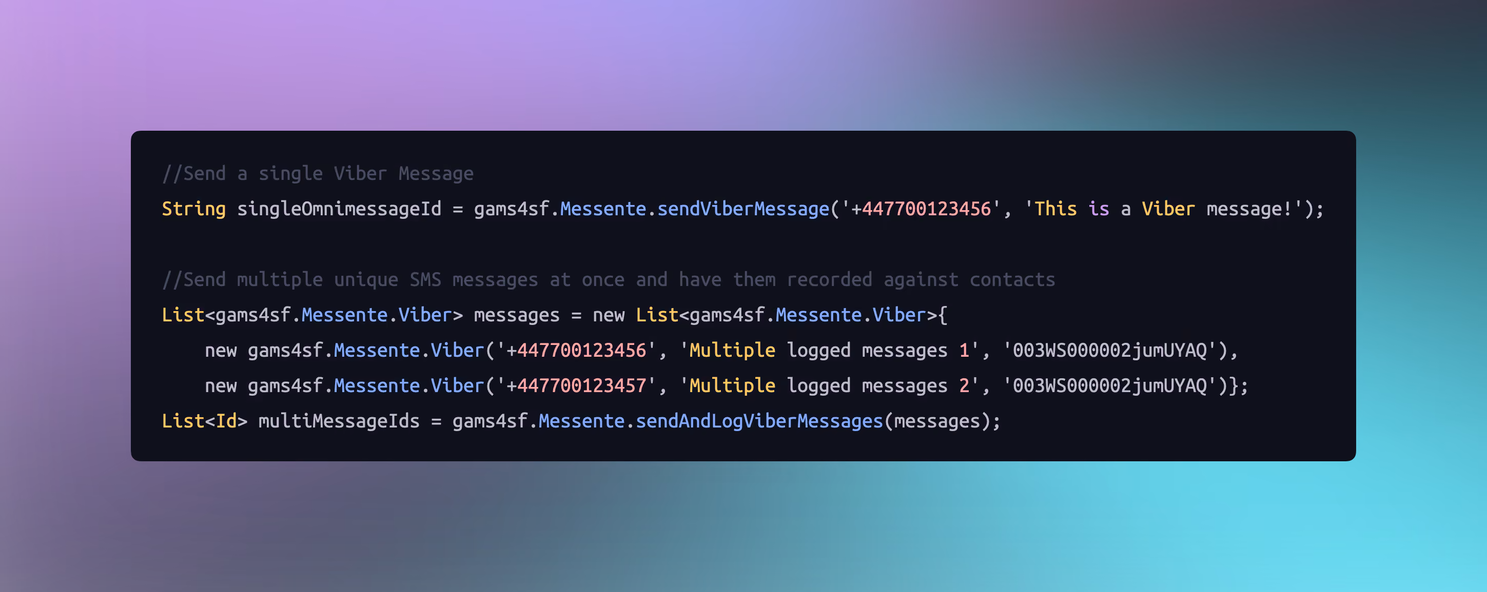 Some Salesforce Apex code highlighting how you can send Viber messages from Salesforce in Apex.