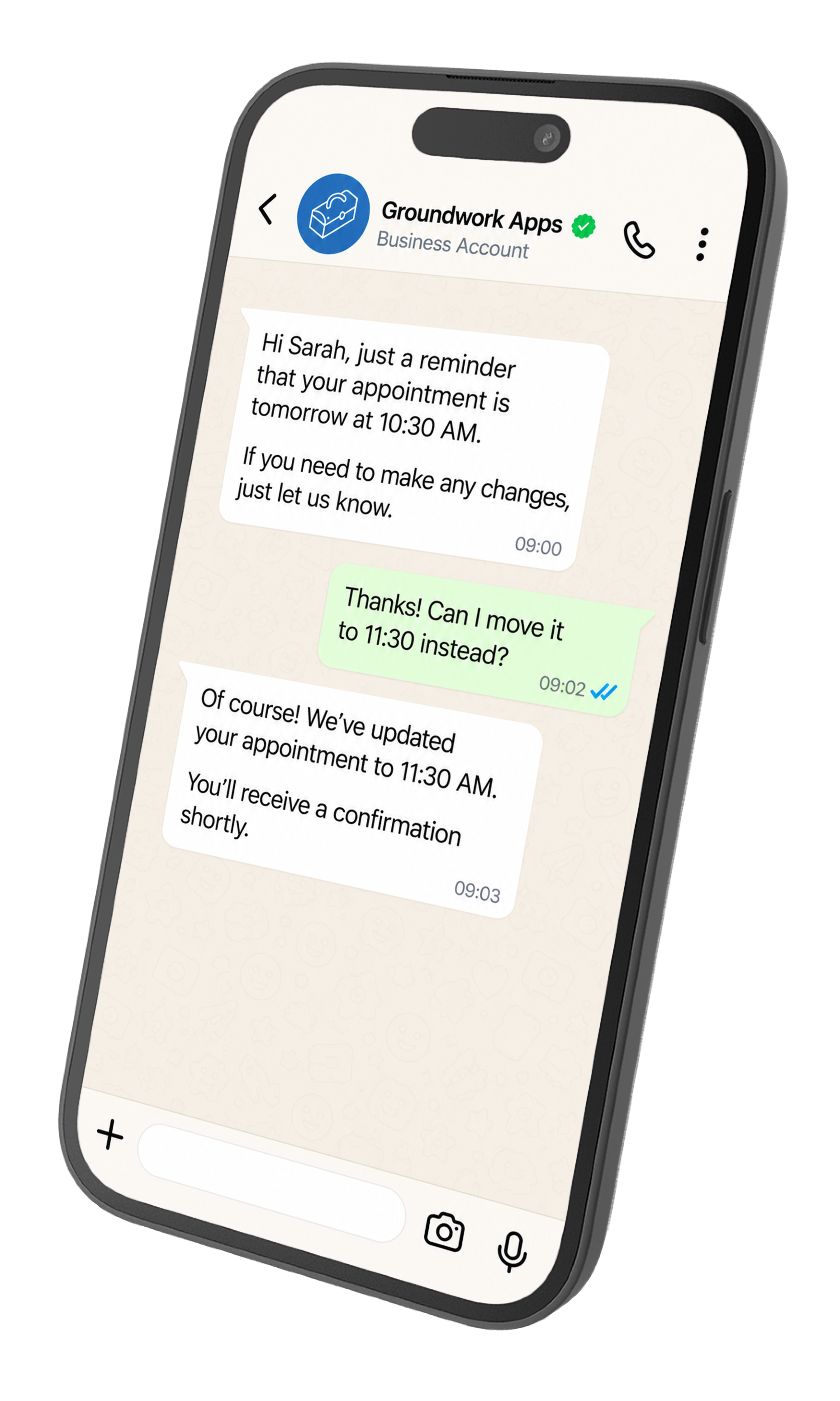 A phone showing a WhatsApp message sent from Salesforce