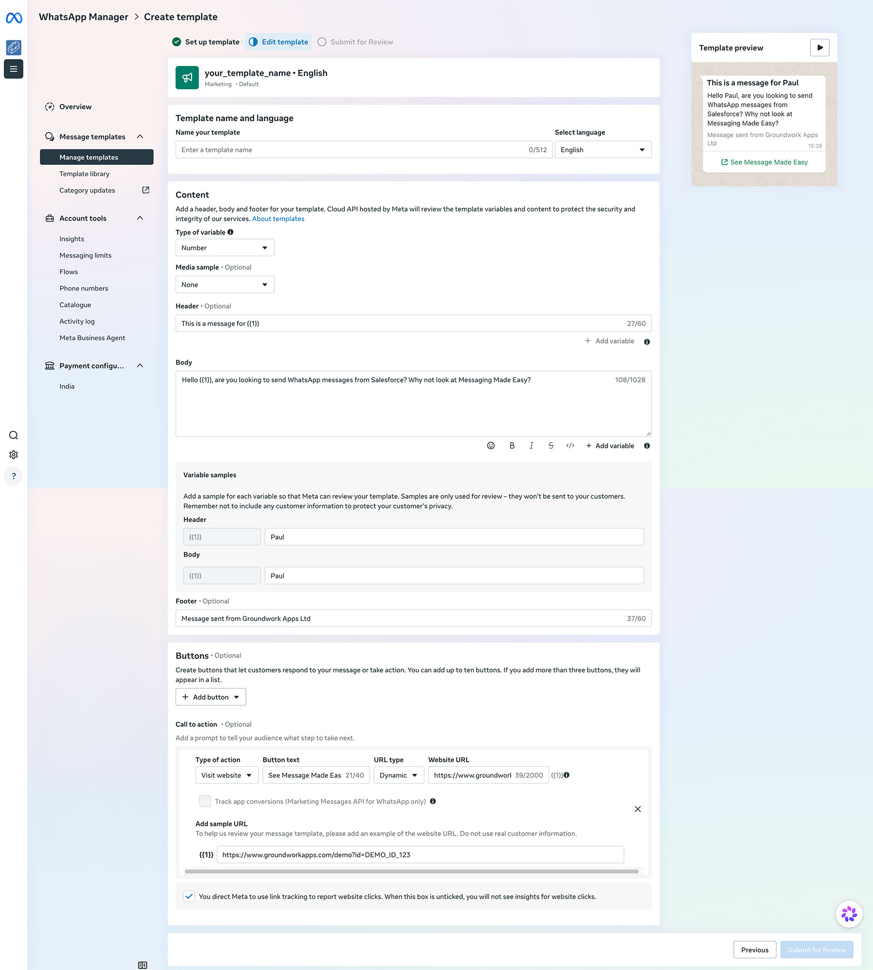 An image of the WhatsApp template editor
