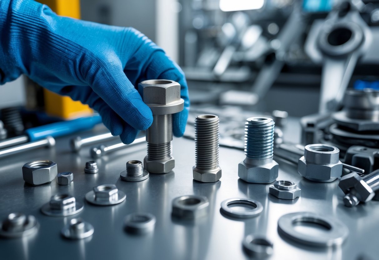 Close-up of various industrial fasteners on a workbench with a gloved hand holding a bolt, surrounded by tools in an engineering workspace.