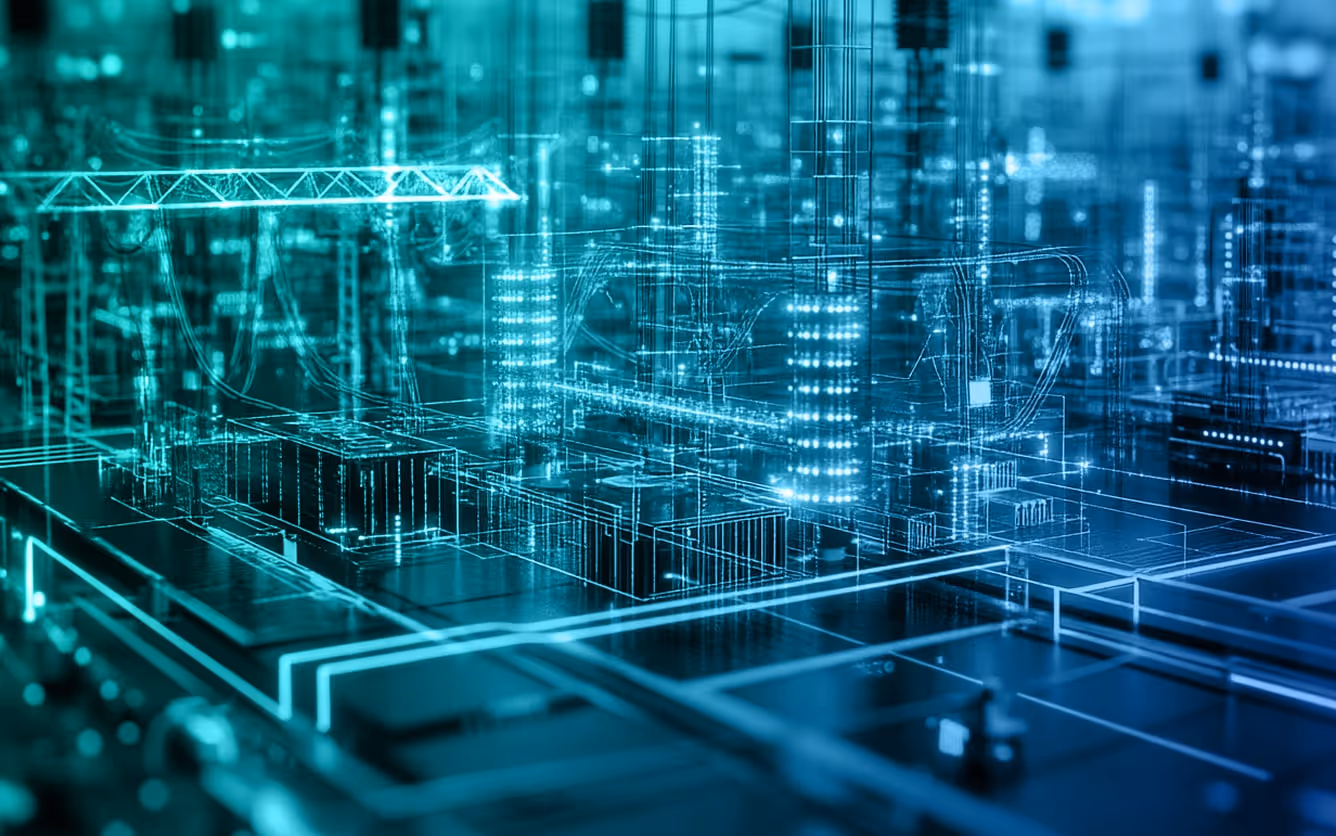 Digital 3D blueprint visualization of an industrial facility with structures, pipes, and columns glowing in blue and green tones.