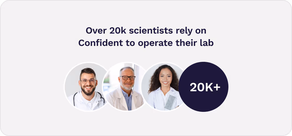 Smiling diverse scientists with text stating over 20,000 scientists rely on Confident to operate their lab.
