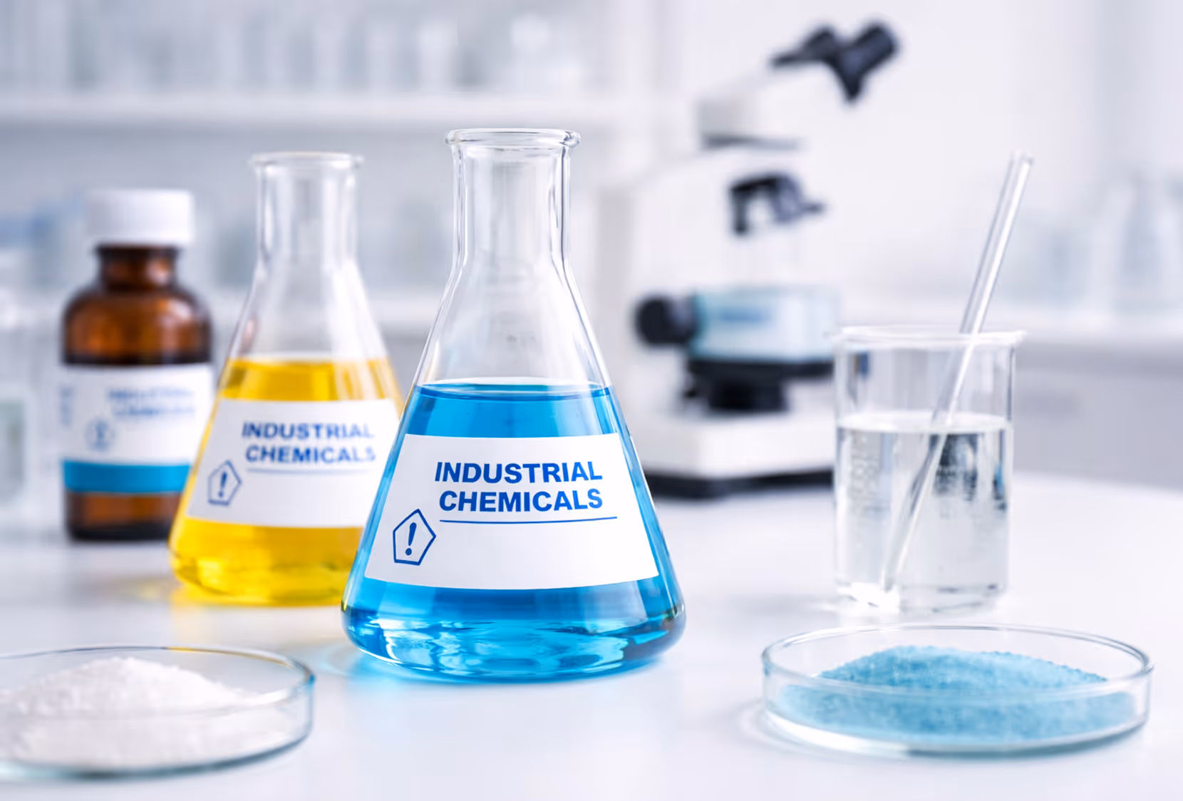 Lab table with glass containers holding blue and yellow industrial chemicals, a brown bottle, petri dishes with powders, and a microscope in the background.