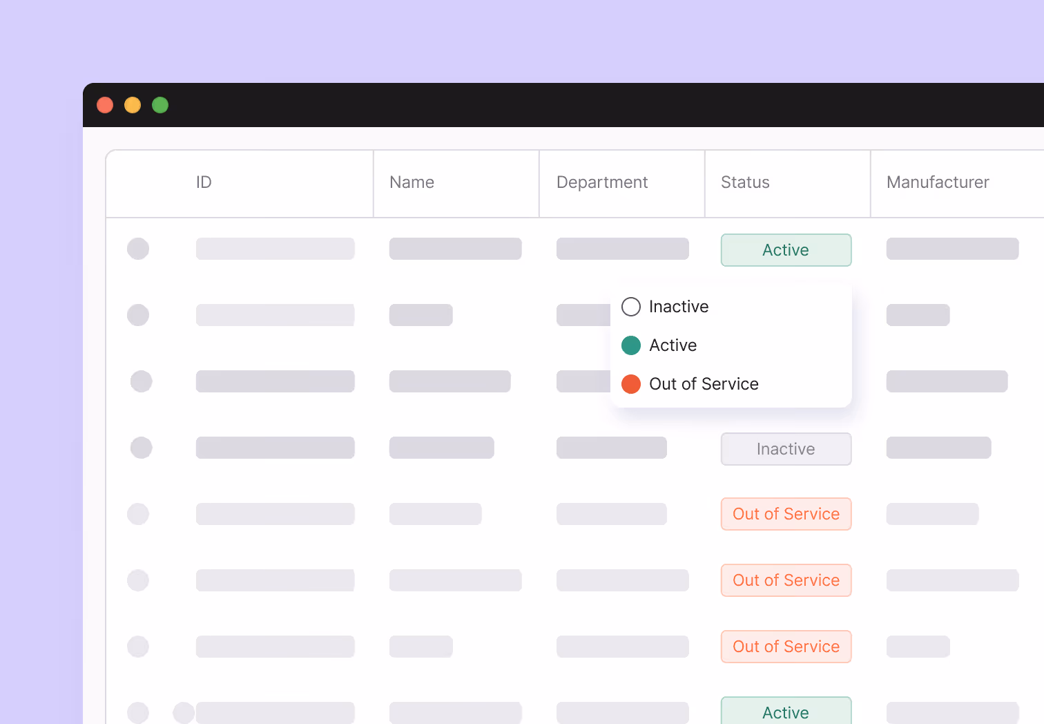 User interface displaying equipment monitoring table with columns for ID, Name, Department, Status, and Manufacturer; status options include Active, Inactive, and Out of Service.