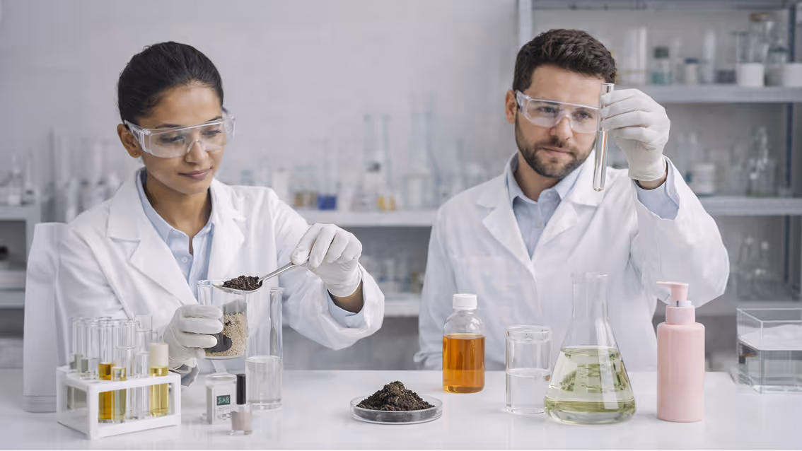 Two scientists in white lab coats and safety goggles conducting experiments with soil and liquid samples in a laboratory.