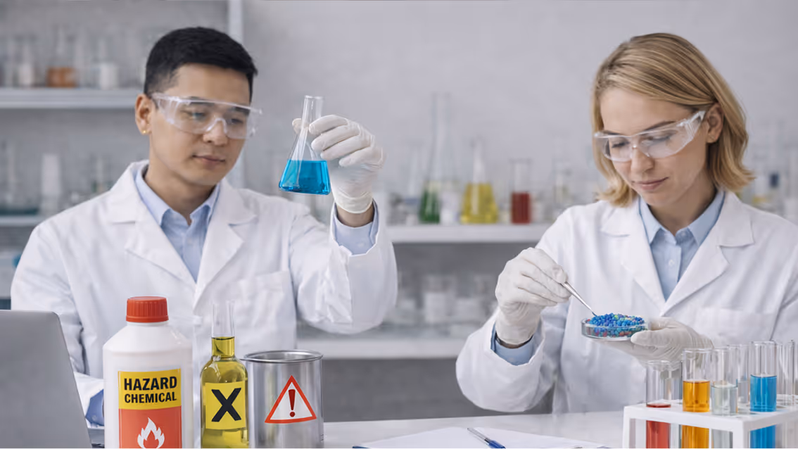 Two scientists in white lab coats and safety goggles working with chemicals in a laboratory, one holding a flask with blue liquid and the other using a tool on colorful pellets in a petri dish.