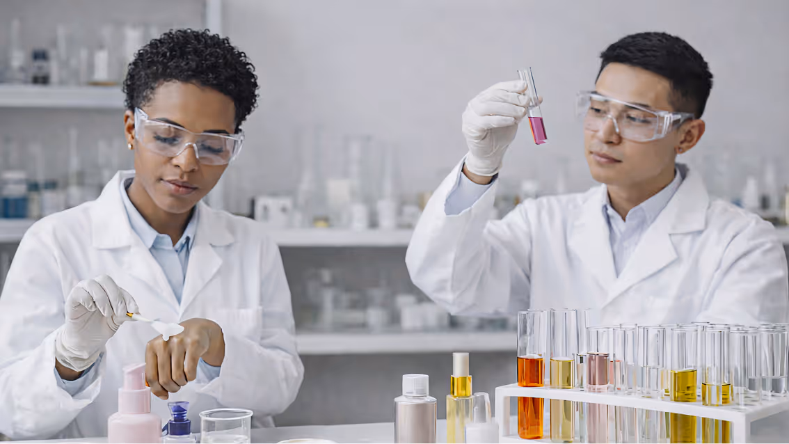 Two scientists in white lab coats and safety glasses working with cosmetic and chemical samples in a laboratory.