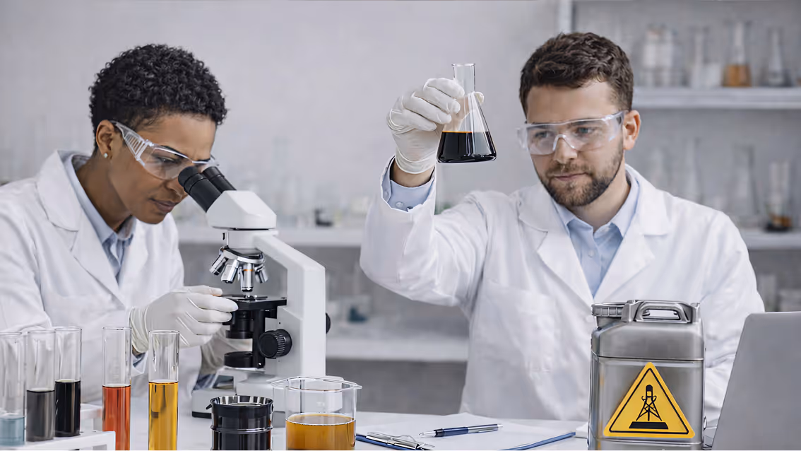 Two scientists in lab coats and safety glasses conducting experiments with oil samples, one using a microscope and the other holding a flask with dark liquid.