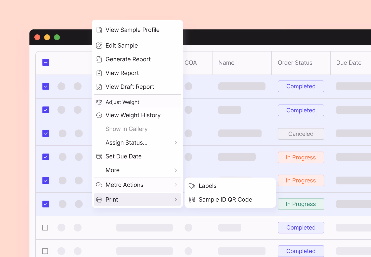 Screenshot of a software interface showing a dropdown menu with options like View Sample Profile, Edit Sample, Generate Report, and Print with sub-options Labels and Sample ID QR Code, alongside a table with statuses Completed, Canceled, and In Progress.