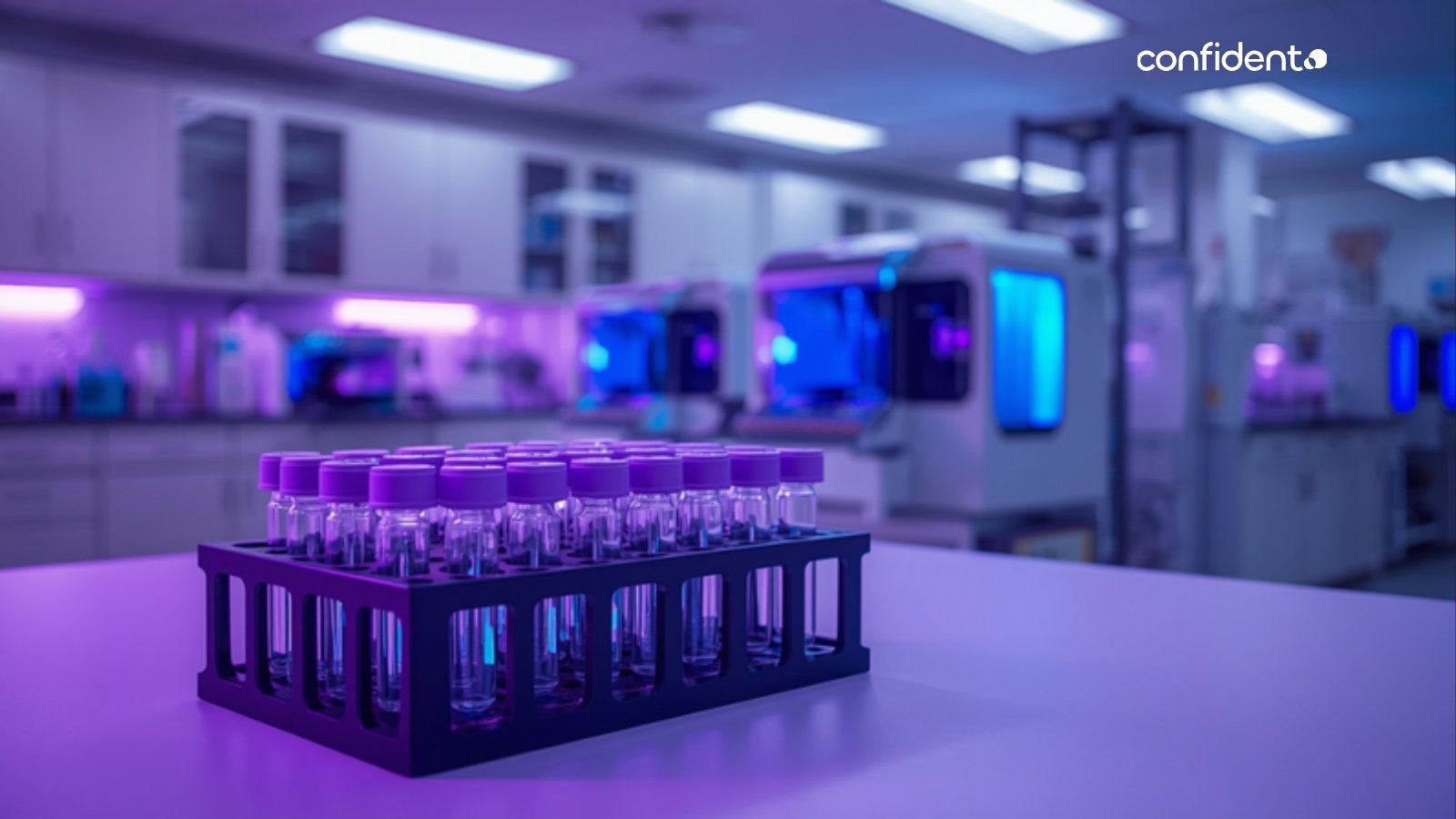 Peptide testing lab with HPLC and LC-MS instruments and a rack of sample vials