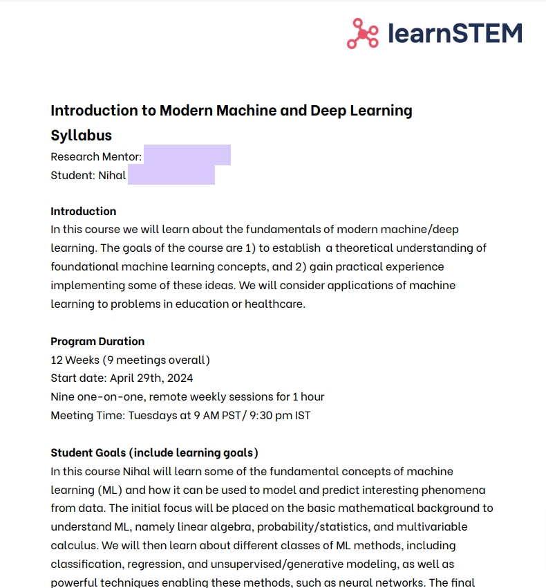 Sample learnSTEM syllabus for an Introduction to Modern Machine and Deep Learning research course