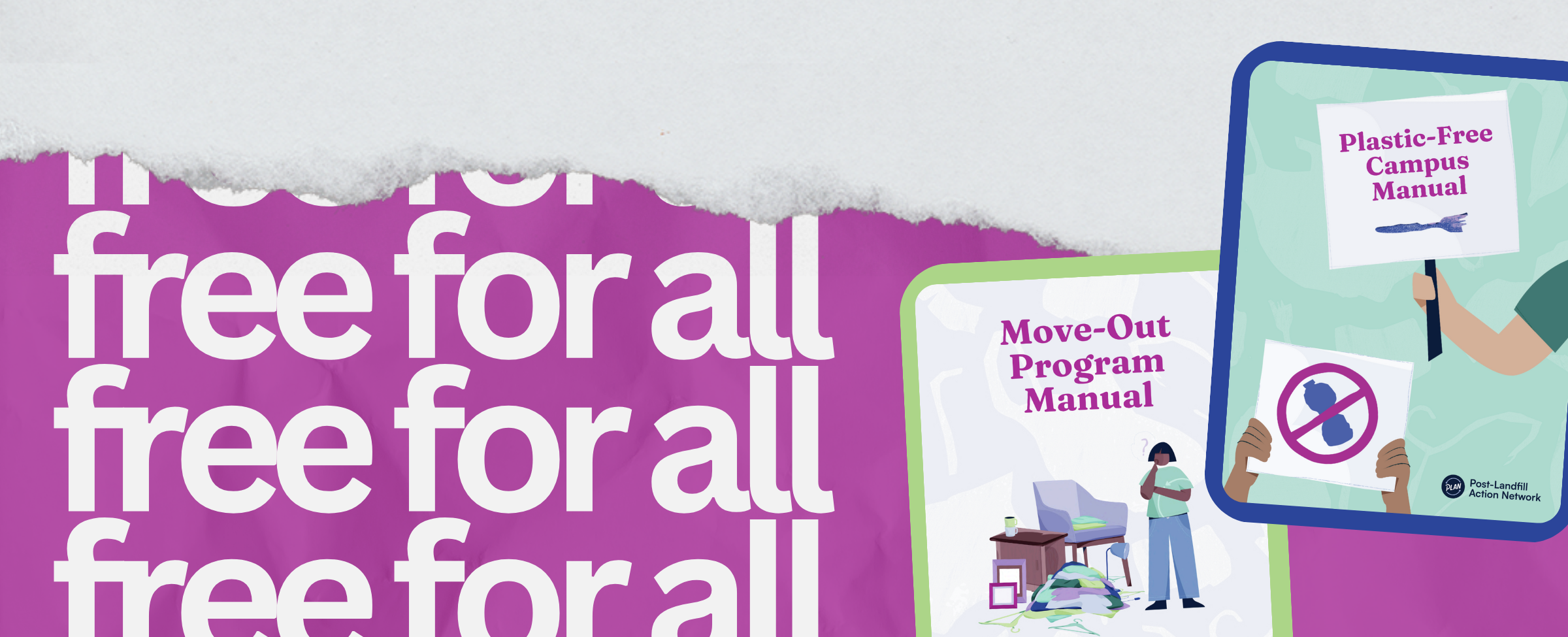 Covers of the Plastic-Free Campus and Move-Out Program manual are shown with overlayed text reading "Free for All."