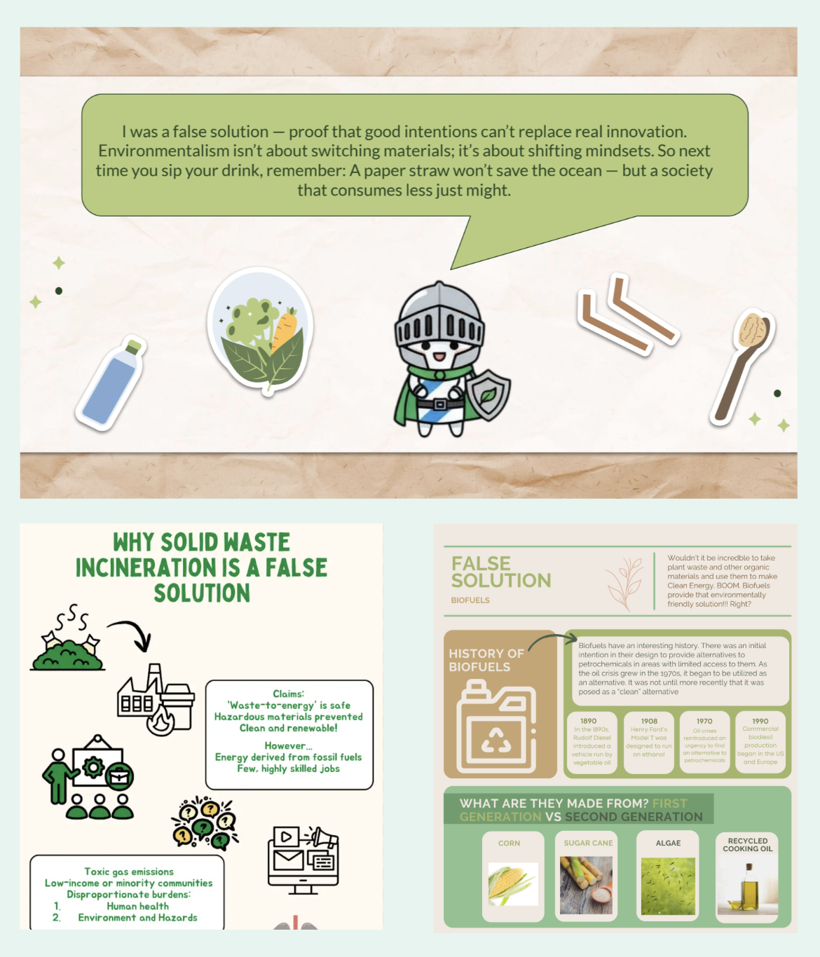 Screenshots of a presentation from "Sir Sogsworth," a paper straw, an infographic on why incineration is a false solution, and a history of biofuels.