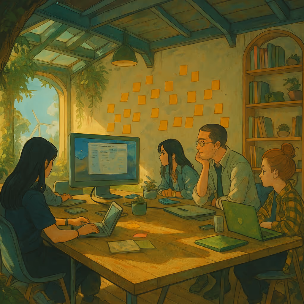 Employees discussing a site displayed on a computer