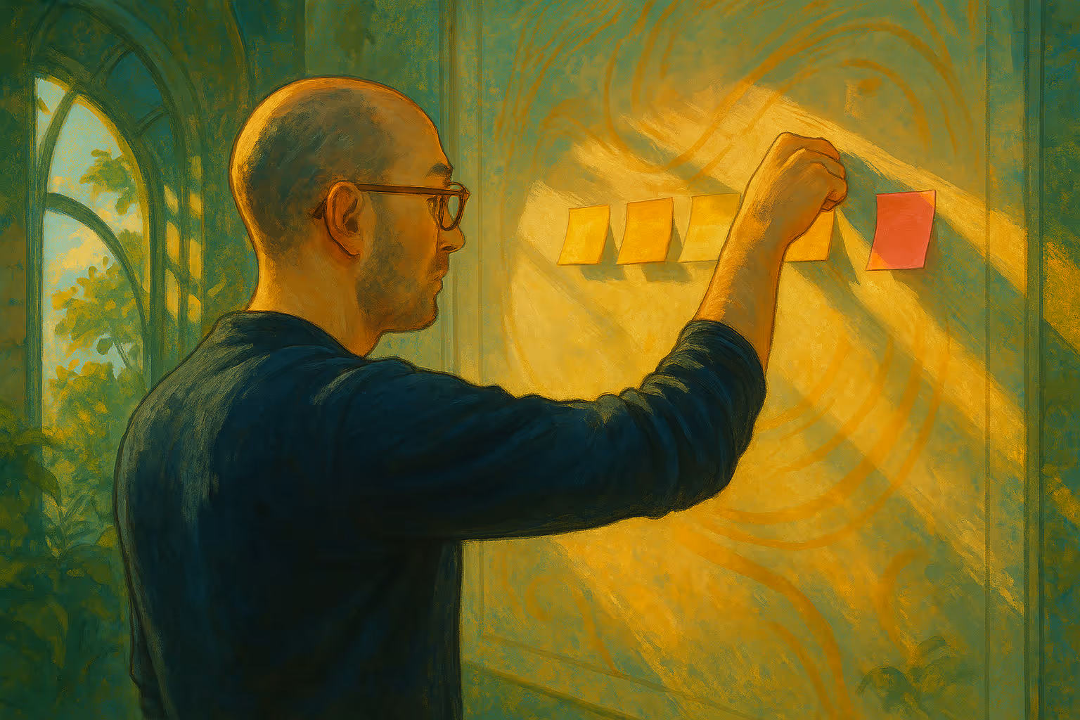 A man viewing sticky notes in a wall