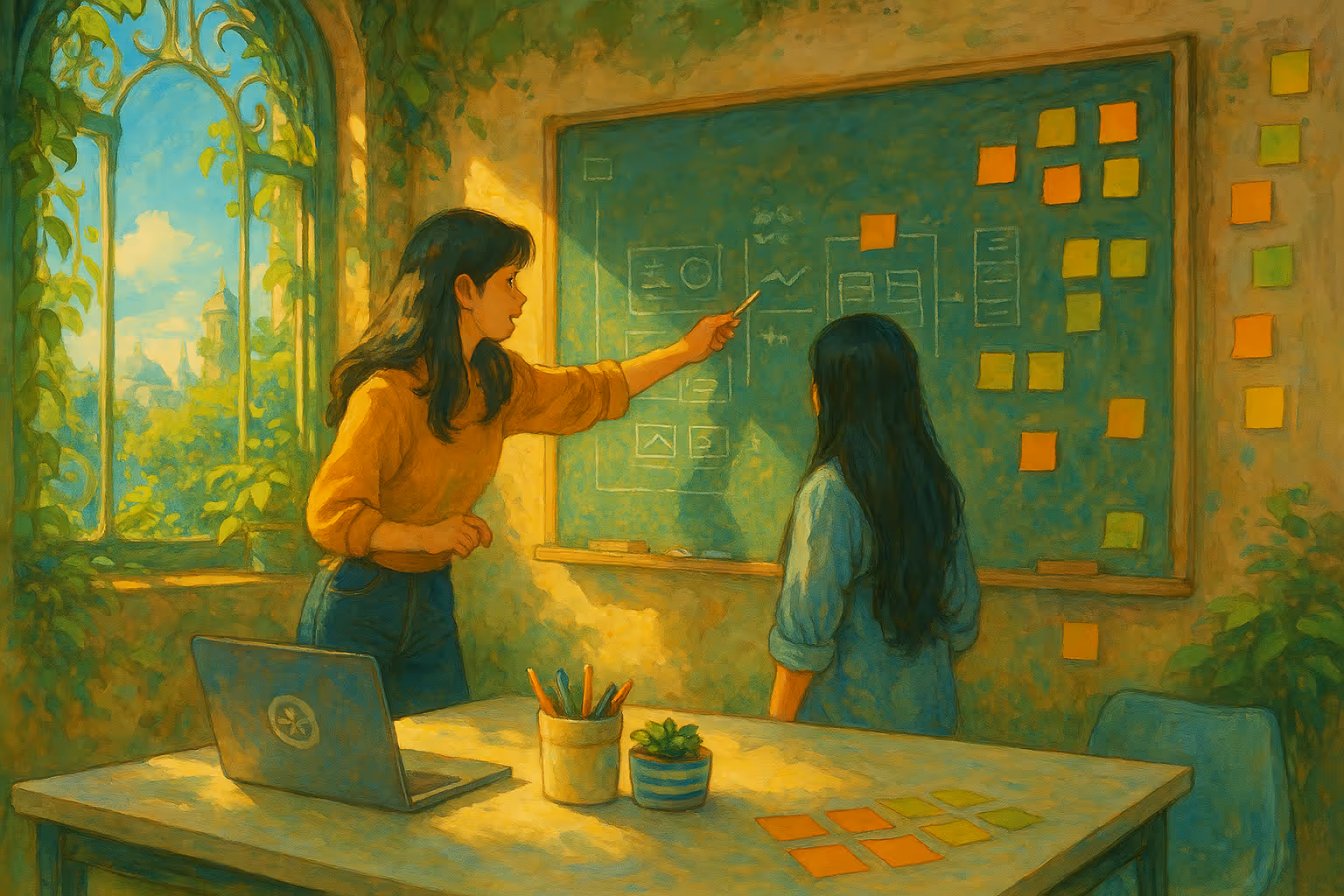 Two people viewing analytics in a board