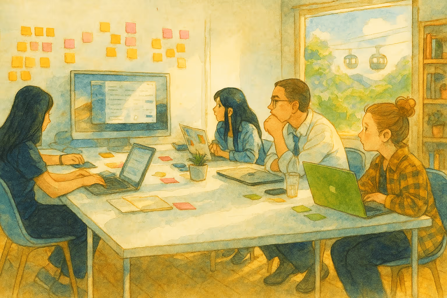 A group of people in a table working