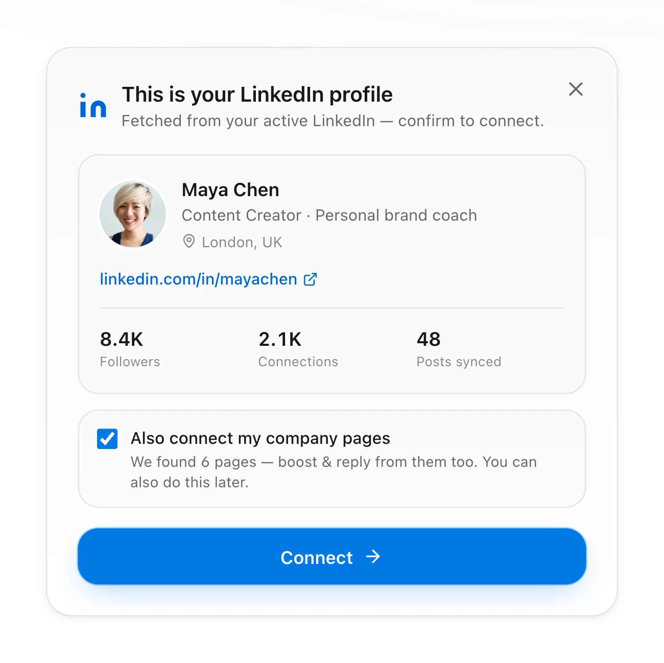 The connect screen showing a fetched LinkedIn profile with followers, connections and a Connect button