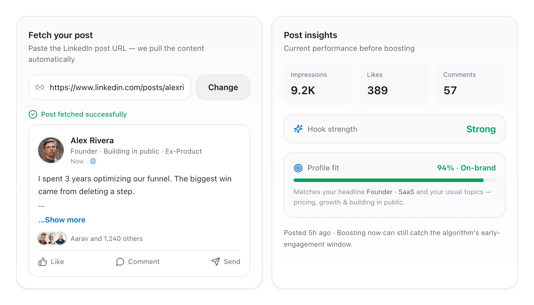 Boost step 1: a fetched LinkedIn post next to its post insights