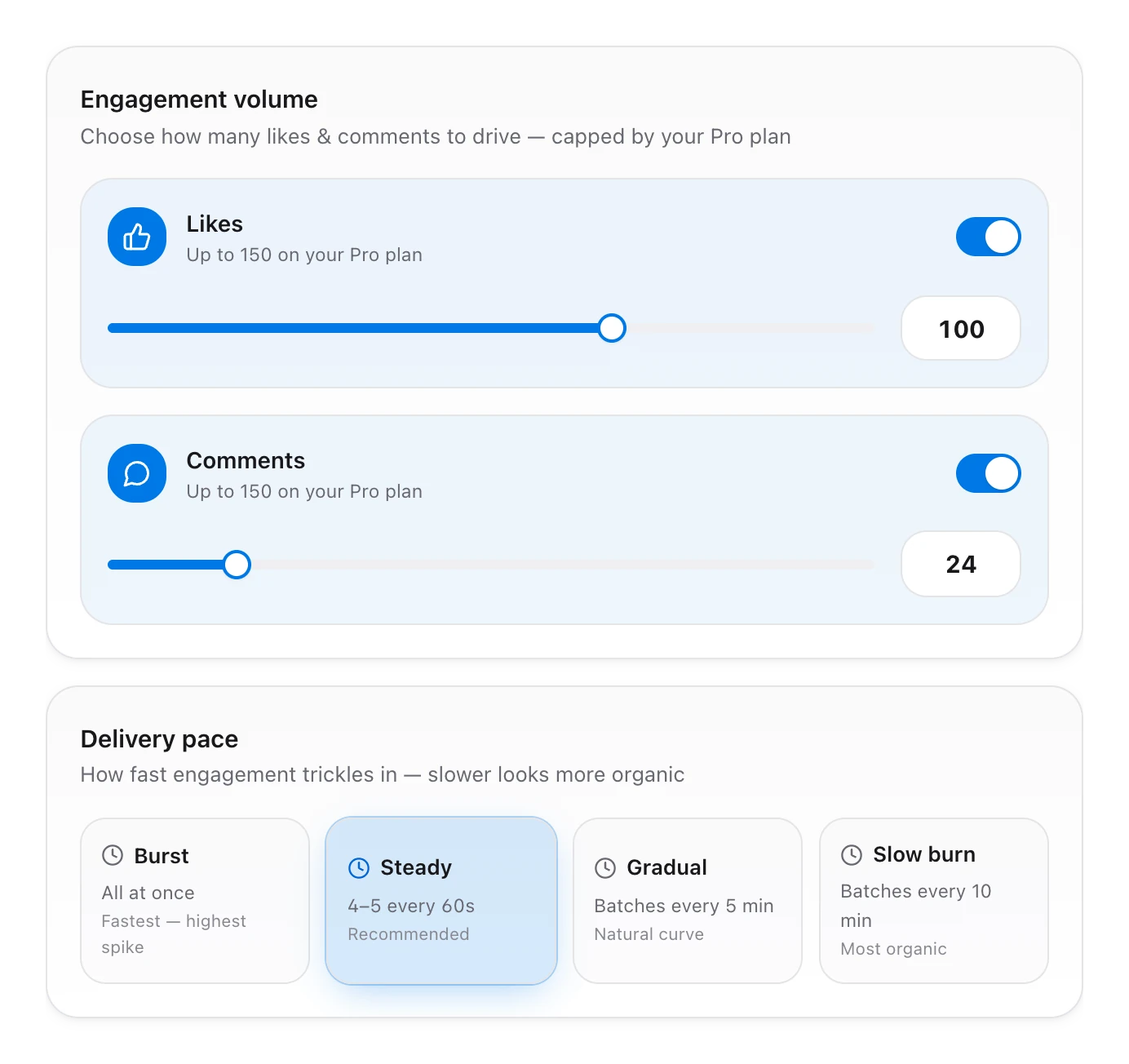 Boost step 3: sliders for likes and comments and four delivery pace options