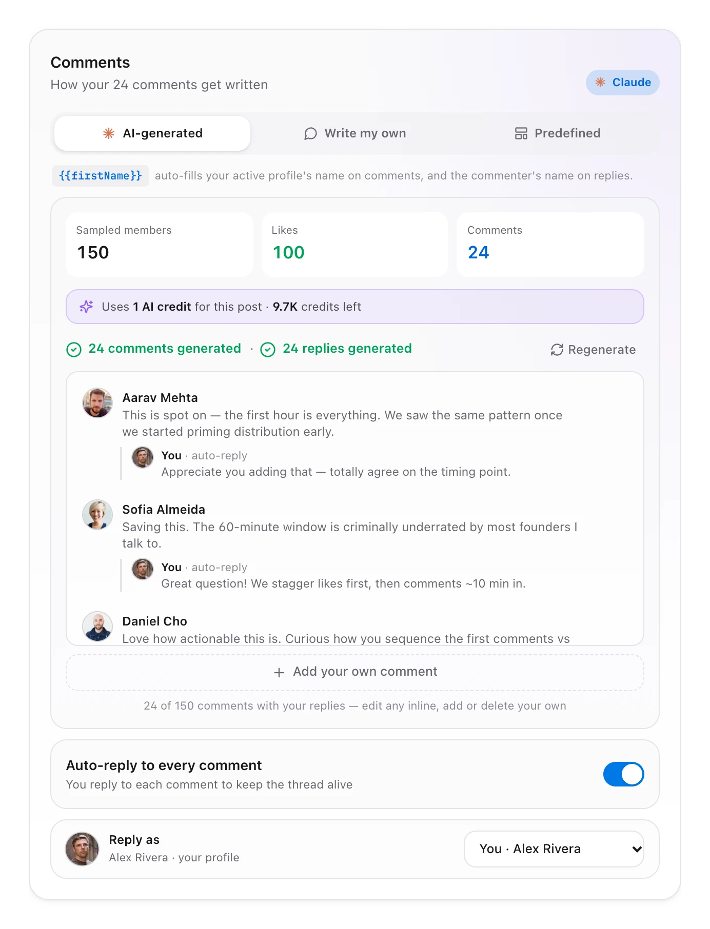 The Comments card with AI-generated comments, auto-replies under each one and a note that it uses 1 AI credit