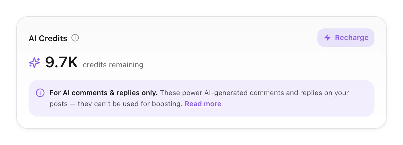 The AI Credits card showing credits remaining and a note that they are for AI comments and replies only