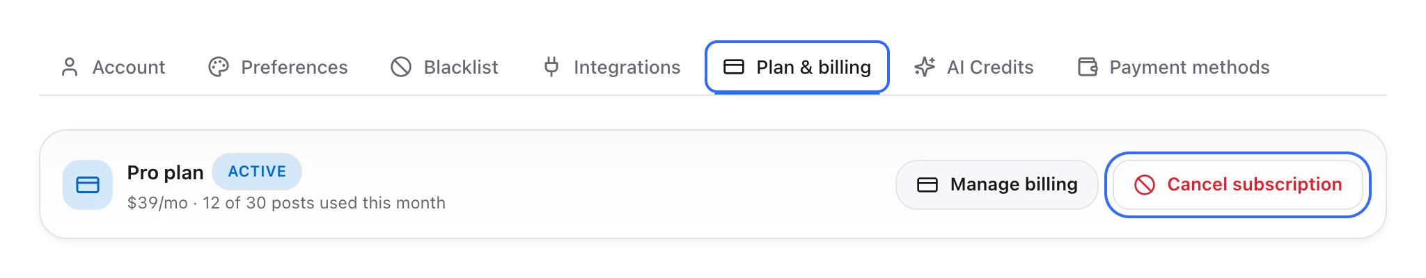 The Settings page with the Plan and billing tab selected and the Cancel subscription button highlighted next to Manage billing