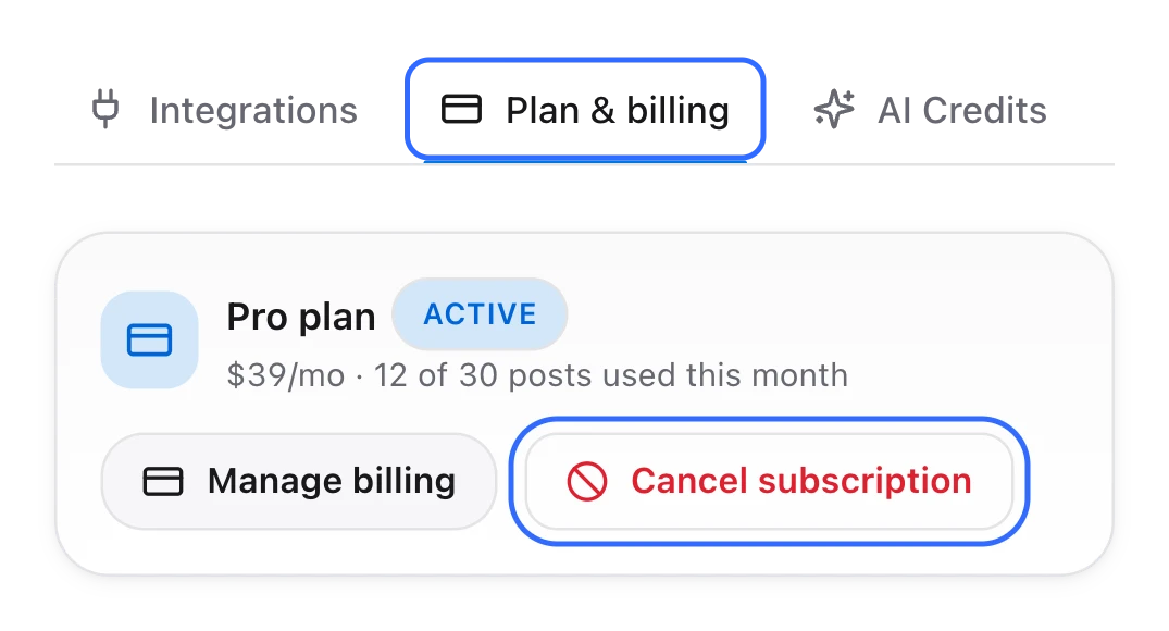 The Settings page with the Plan and billing tab selected and the Cancel subscription button highlighted next to Manage billing