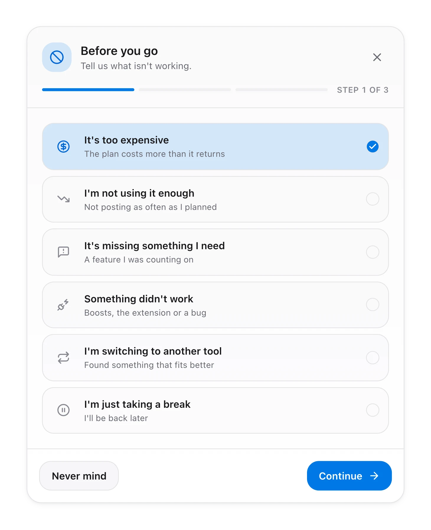 The Before you go window listing six reasons for leaving, with It is too expensive selected and a Continue button
