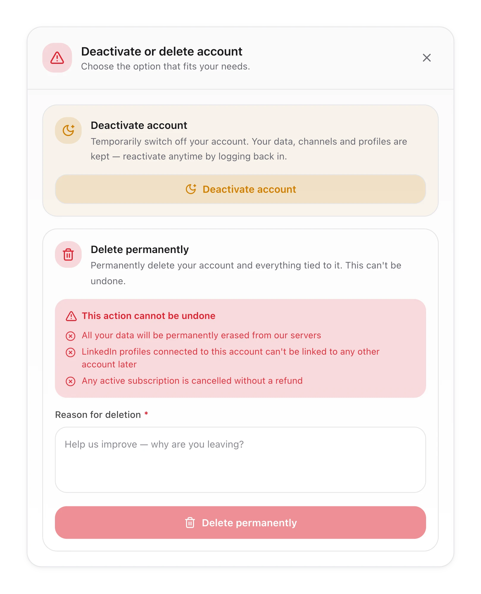 The Deactivate or delete account window with two choices: Deactivate account, which keeps your data, and Delete permanently, which cannot be undone