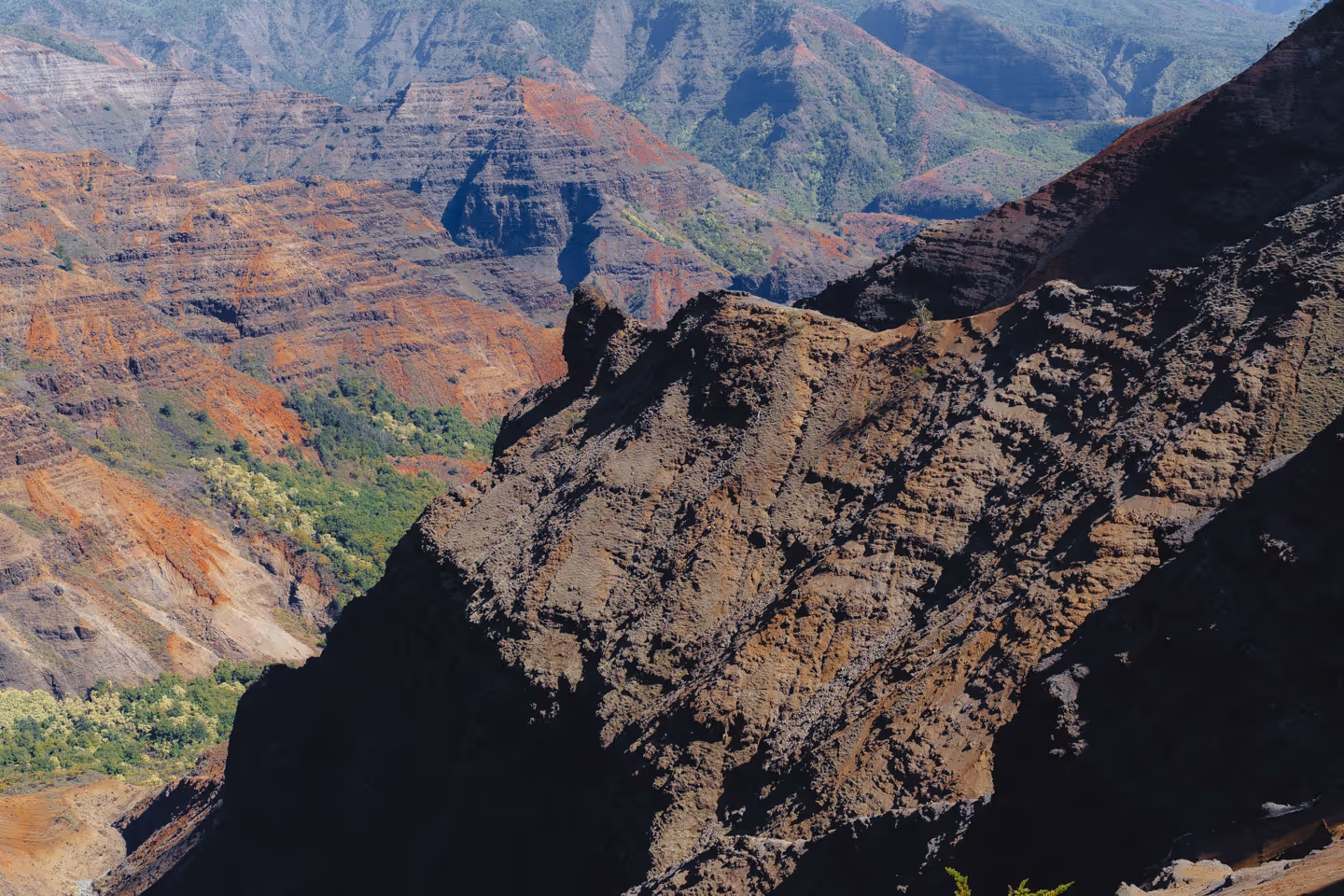 A view of deep red and brown canyon cliffs under bright sunlight.