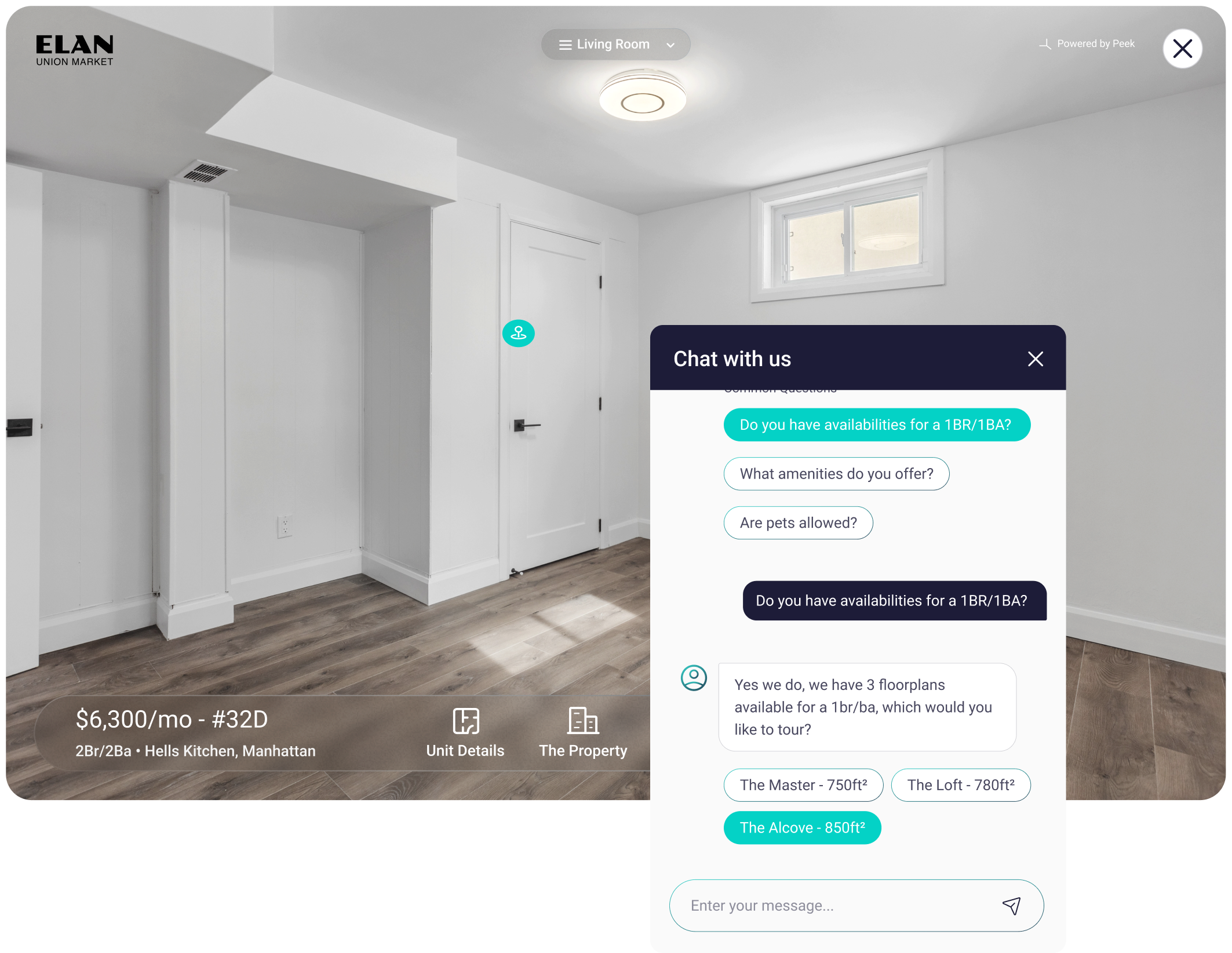 Empty white room with wood flooring in an apartment, chat window overlay showing rental inquiry for a 1-bedroom, 1-bath unit at Elan Union Market in Hell's Kitchen, Manhattan.