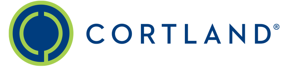Cortland company logo with a blue circular emblem inside a green ring next to the word Cortland in blue uppercase letters.
