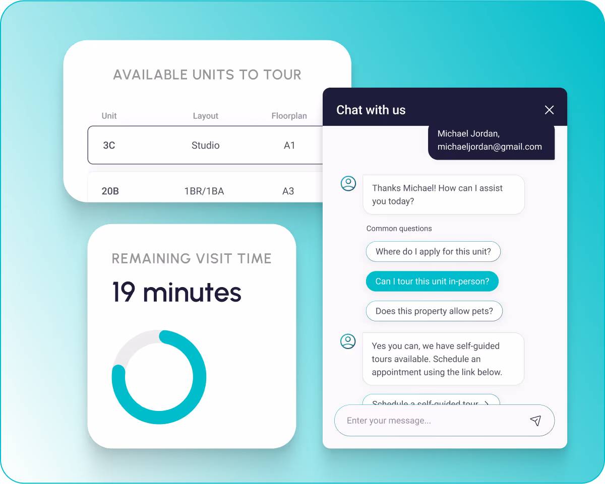 User interface showing available apartment units to tour, remaining visit time of 19 minutes with a circular progress indicator, and a chat window with a conversation about self-guided tours.
