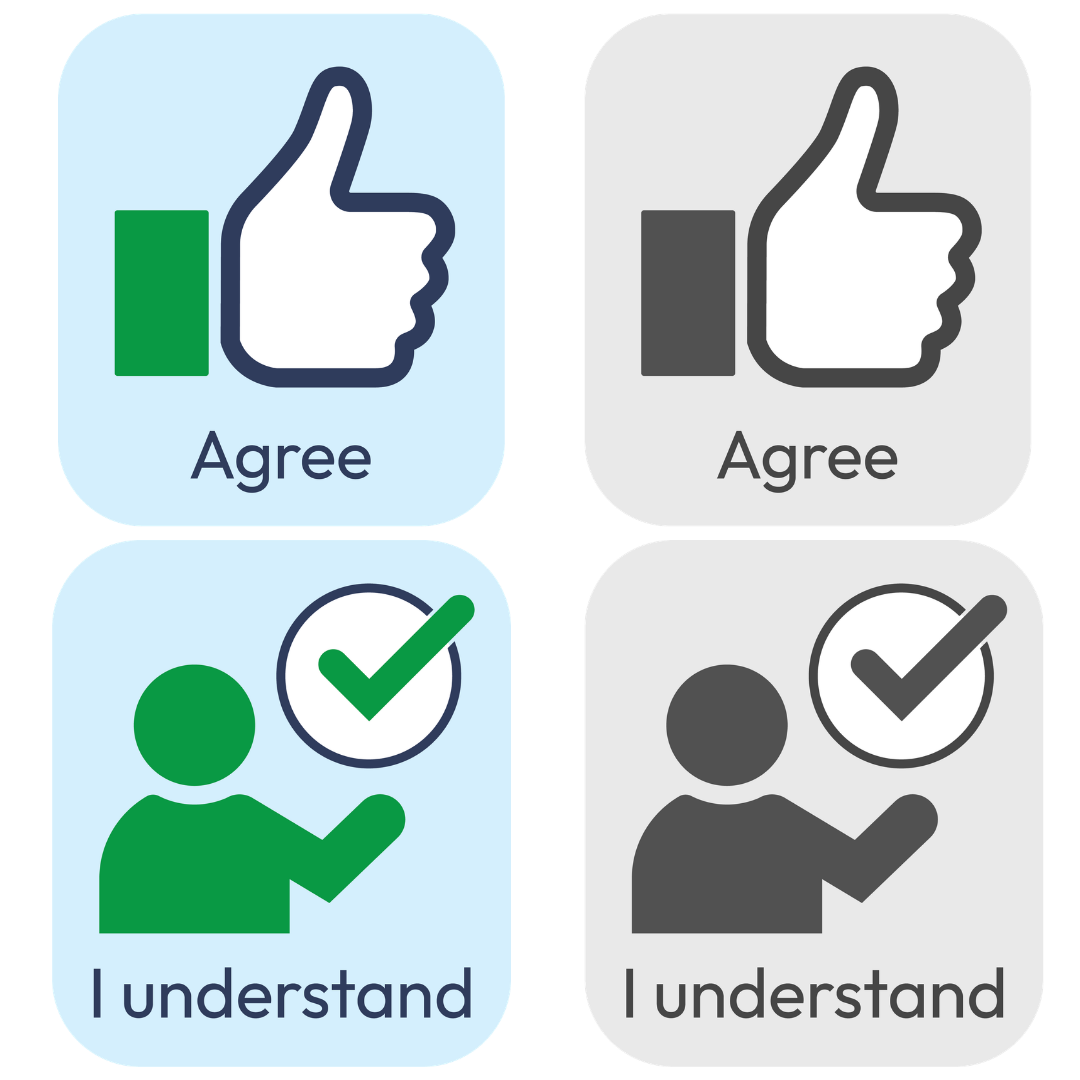 Four icons placed in a grid. They show graphics of 'Agree' and 'I Understand'. Two in colour and two in greyscale. 