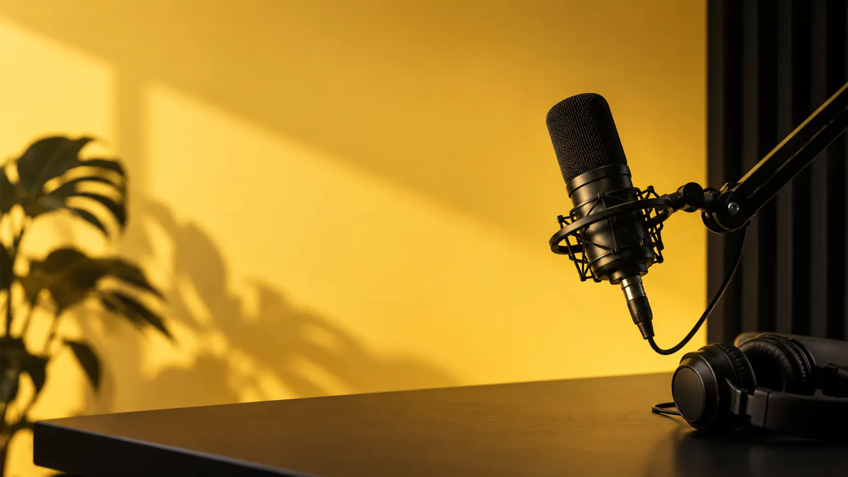 Golden-lit podcast studio with a microphone ready to record