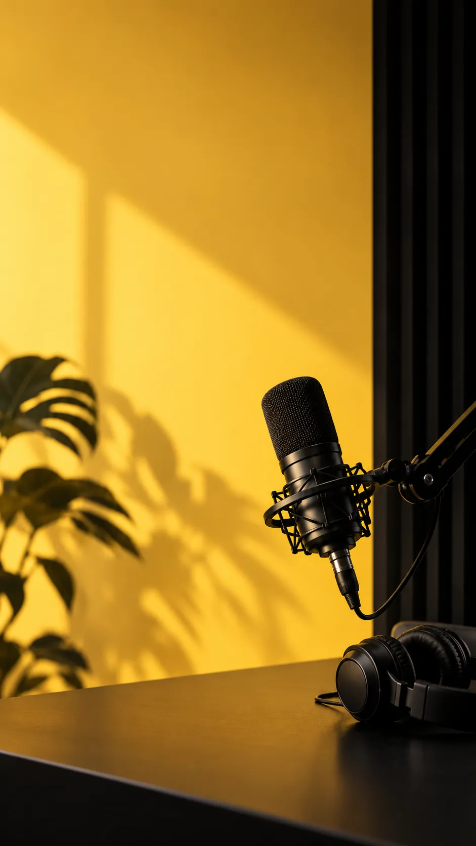 Golden-lit podcast studio with a microphone ready to record
