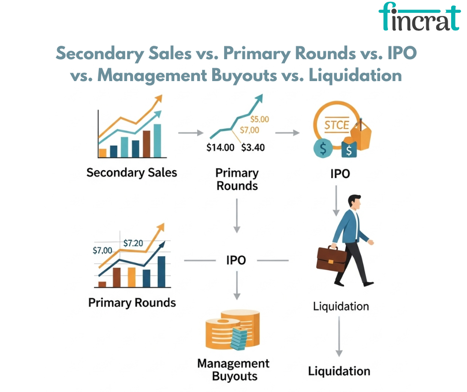 A Strategic Guide to Secondary Sales, IPOs, MBOs, and Liquidation Comparing Startup Liquidity Events from Primary to Final Stage From Growth to Exit by fincrat