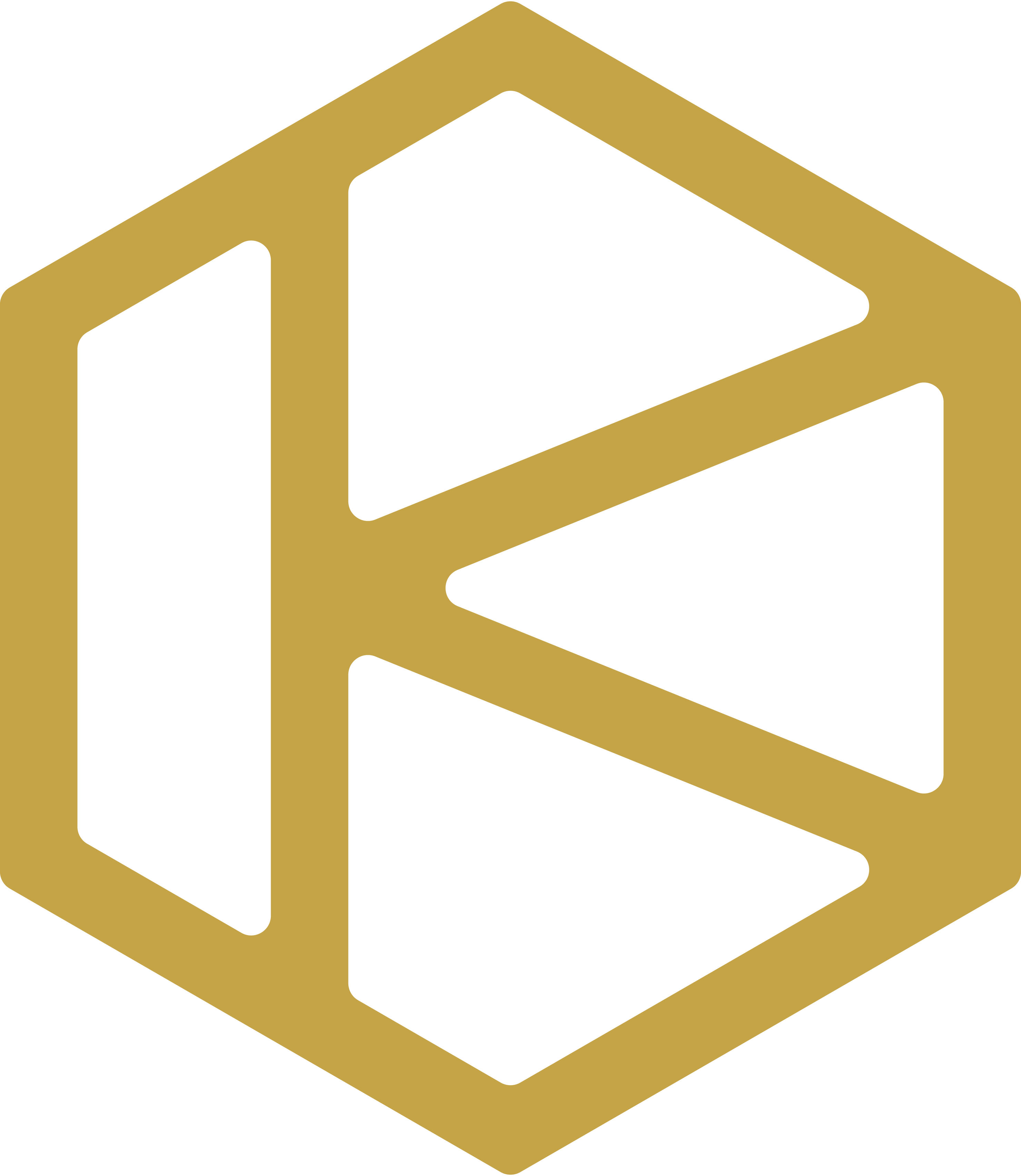 Hexagonal geometric shape composed of thick gold lines forming an abstract letter K inside.