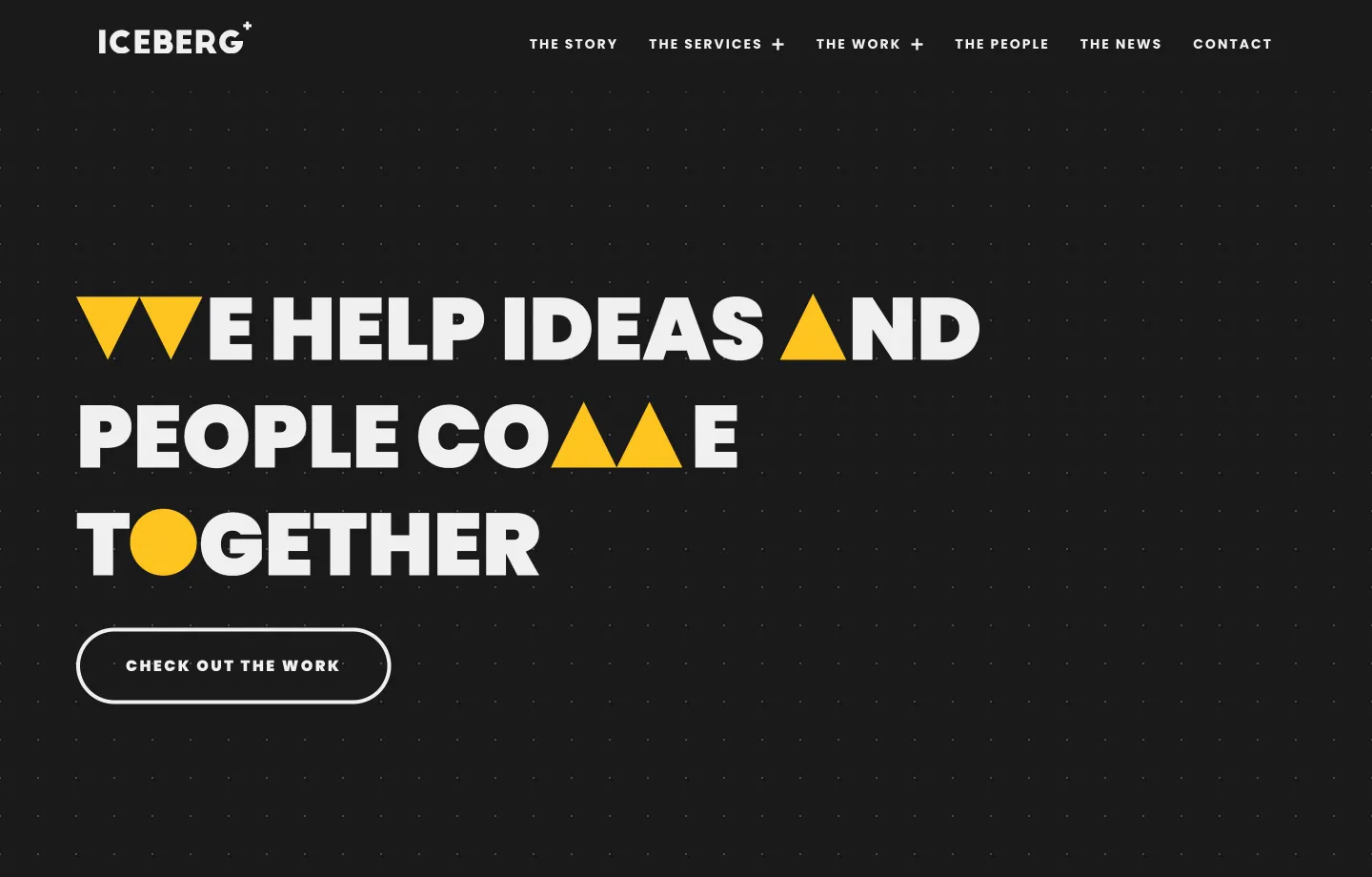 Black webpage header with ICEBERG logo and text 'We help ideas and people come together' with geometric shapes.