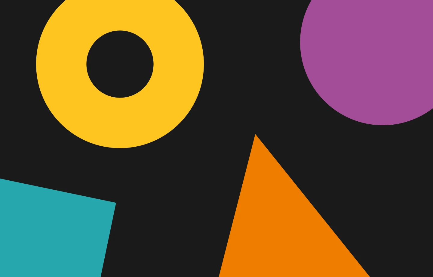 Abstract composition with a yellow ring, purple circle, orange triangle, and teal square on black background.