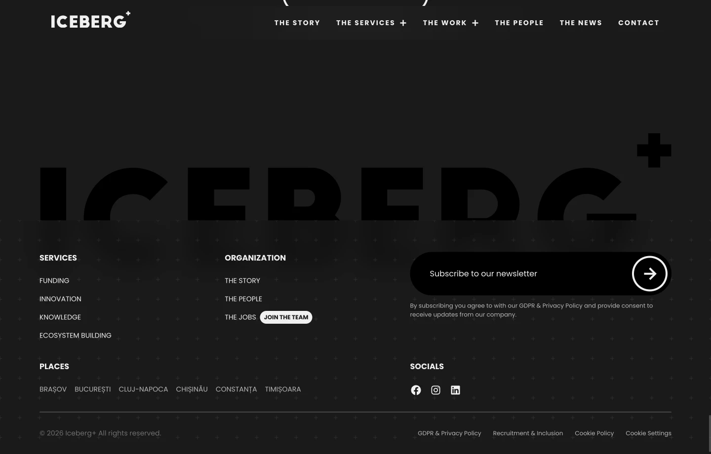 Dark website footer with Iceberg+ logo, navigation links, newsletter signup, locations, and social media icons.